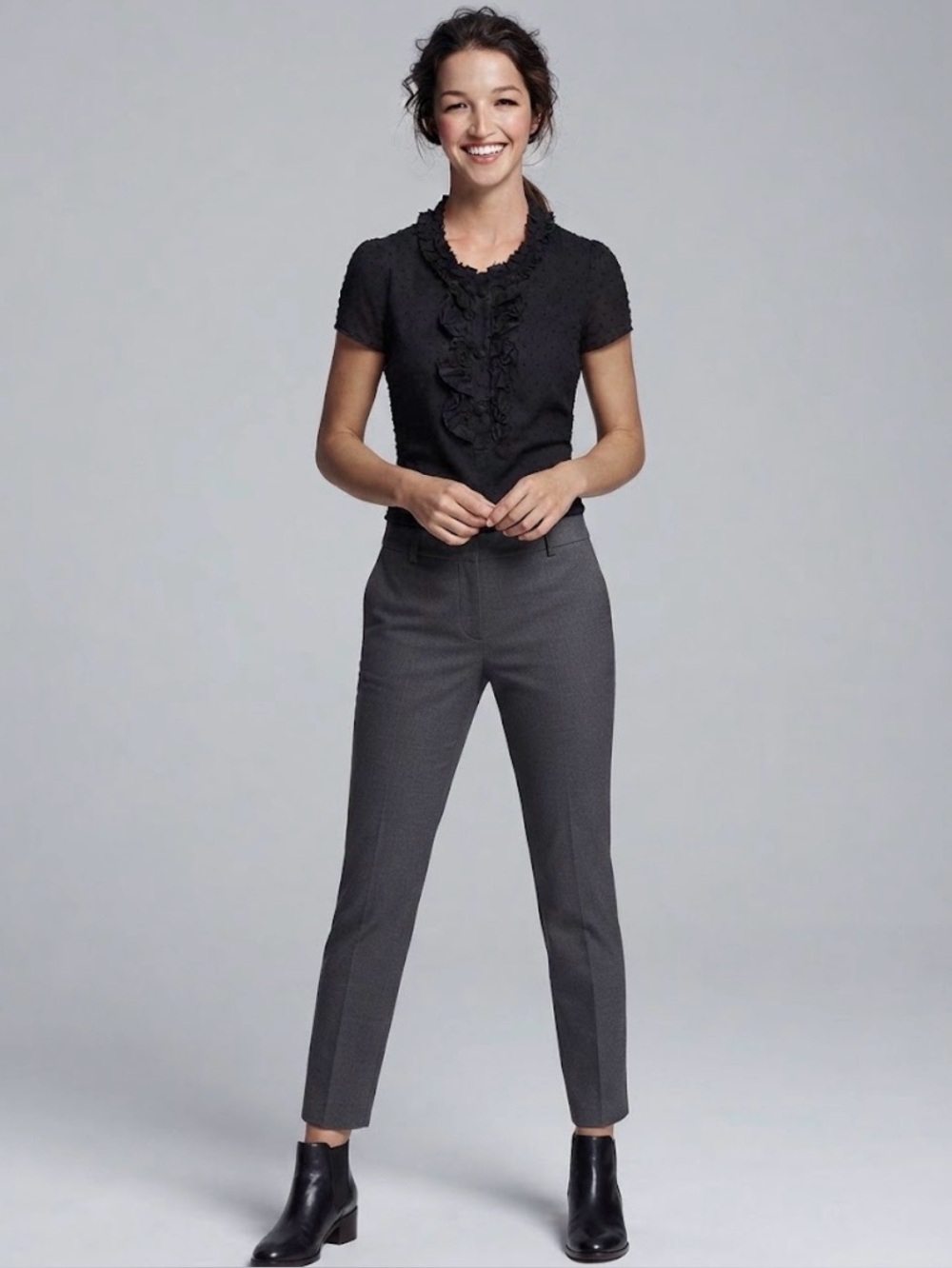 J. Crew Black Ruffle-Front Short Sleeve Blouse